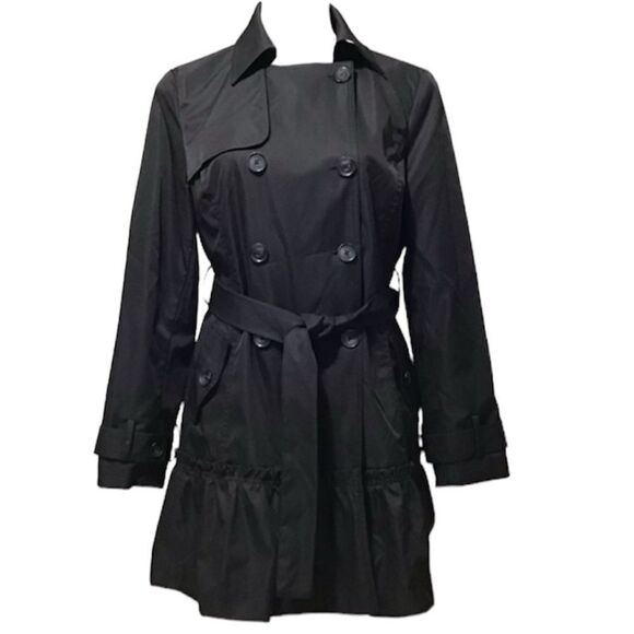 Sandro Studio Black Wrap Coat Double Breast Self Tie Belt Ruffle Hem Large - Picture 1 of 15